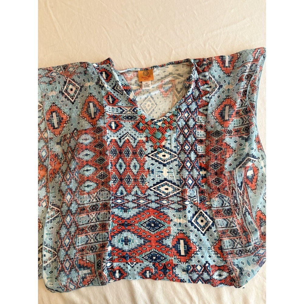 Ruby Rd Petite Aztec Embellished Tank Top Rust Turquoise Medium PS